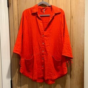 Free People Linen Blend Red Button Tunic Top With Pockets